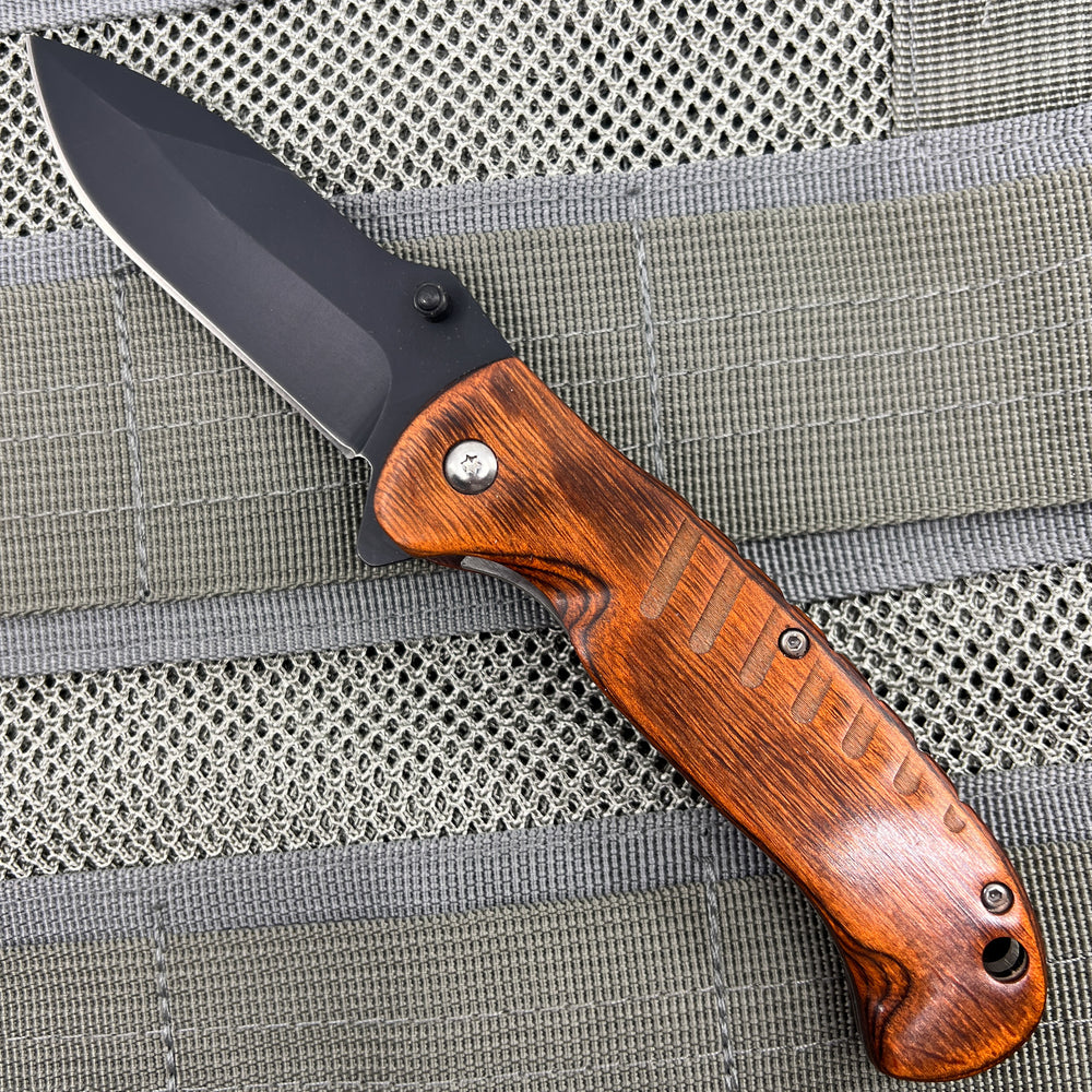 Pacific Solutions KS1111BK Black and Wooden Grooved Spring Assisted Knife 3.75