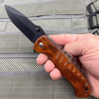Pacific Solutions KS1111BK Black and Wooden Grooved Spring Assisted Knife 3.75"

