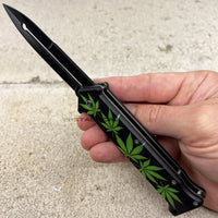 Pacific Solutions Marijuana Joker Style Spring Assisted Stiletto Knife Black 3.75"
