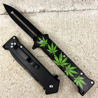 Pacific Solutions Marijuana Joker Style Spring Assisted Stiletto Knife Black 3.75"
