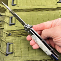 FPSTACTICAL Perola Italian Style Stiletto Switchblade Mirror Chrome w White Marble / Pearlex Scales 4"
