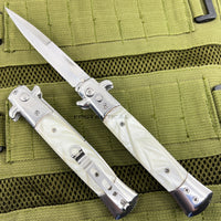 FPSTACTICAL Perola Italian Style Stiletto Switchblade Mirror Chrome w White Marble / Pearlex Scales 4"