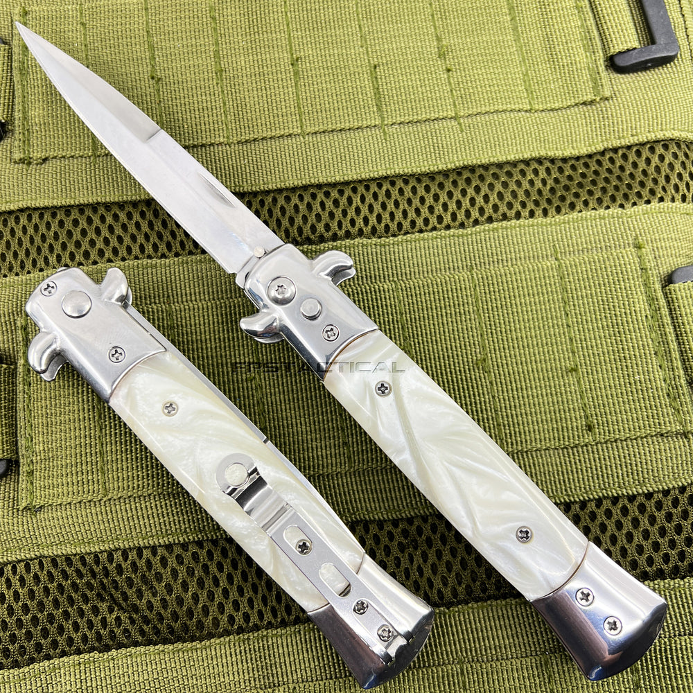 FPSTACTICAL Perola Italian Style Stiletto Switchblade Mirror Chrome w White Marble / Pearlex Scales 4