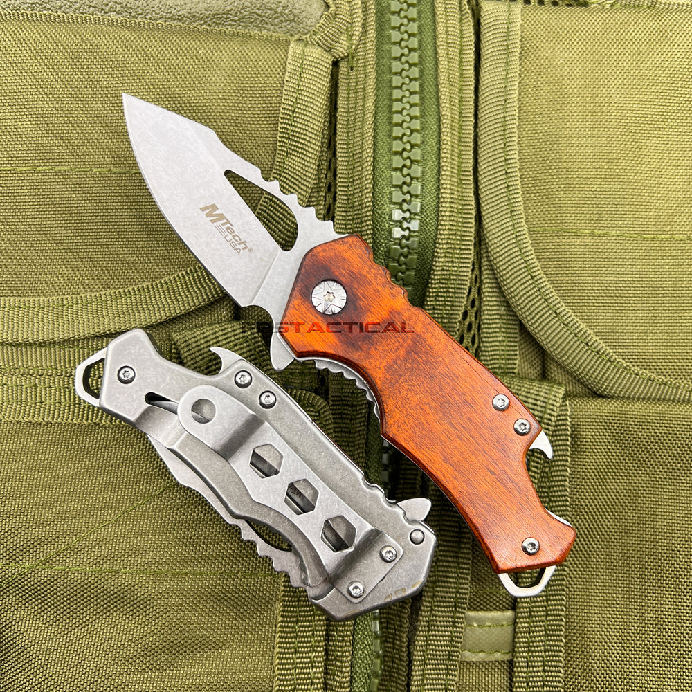 Mtech USA Compact Wooden Spring Assisted Tactical Knife w Bottle Opener Silver 2.5