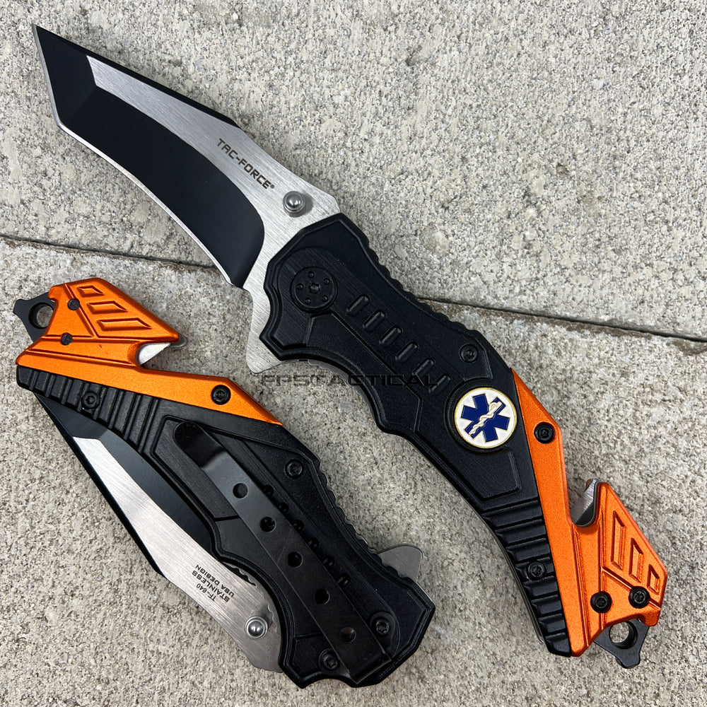 Tac-Force EMT / EMS Orange & Black Two Tone Spring Assisted Tanto Blade EDC Knife 3.5