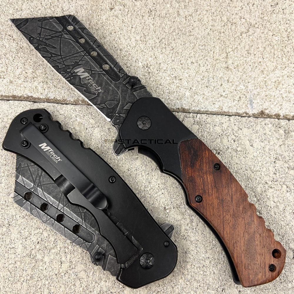 MTech USA Cleaver Spring Assisted Pocket Knife w/ Gray Matte Blade & Wood Handle