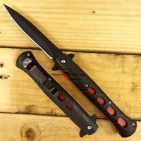 Pacific Solutions Matte Black Spring Assisted Stiletto Knife with Red Frame 4"