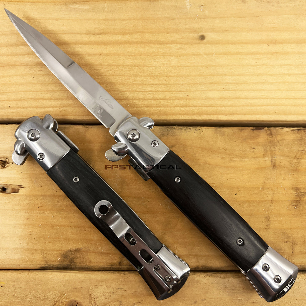 Falcon Mirror / Chrome with Black Ash Pakkawood Spring Assisted Stiletto Knife 4