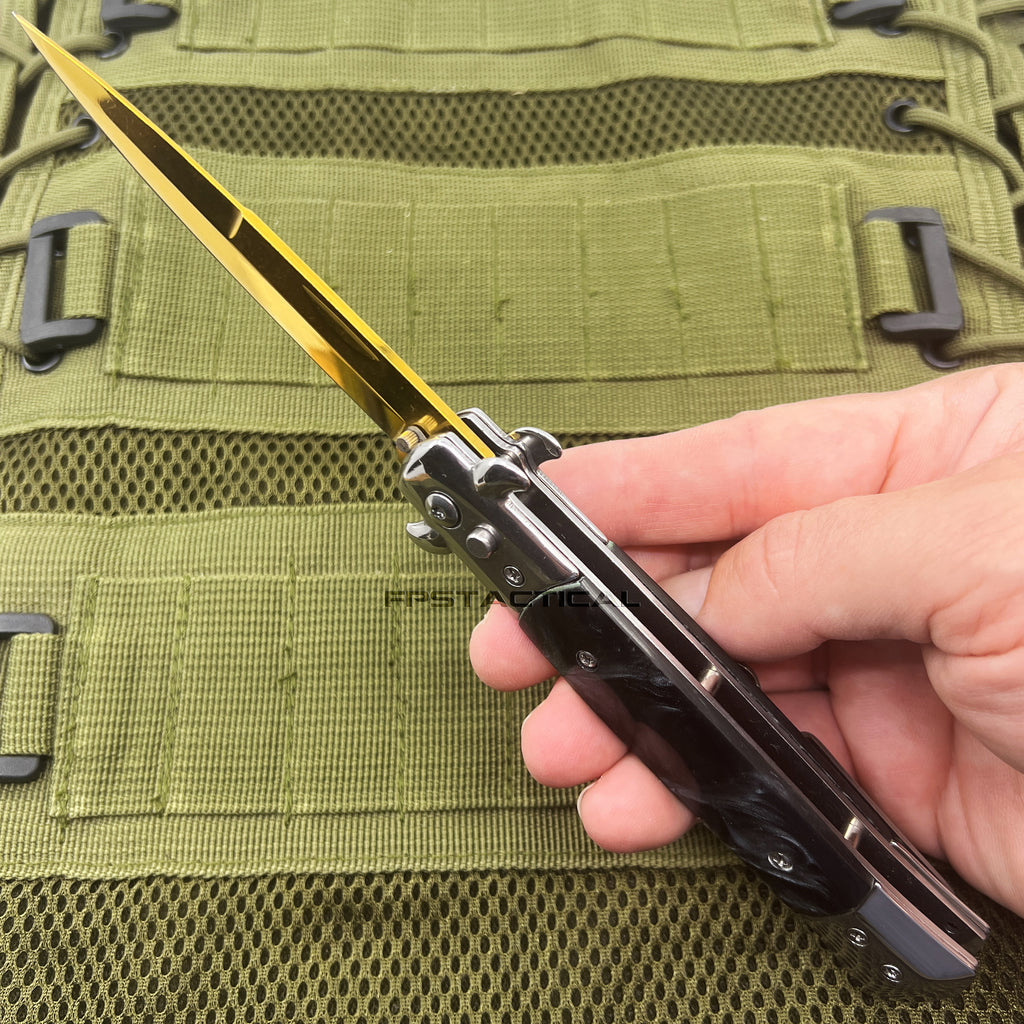 Switchblade Style Ruler FPSTACTICAL Pallid II Italian Style Stiletto Switchblade Gold with Bla ...