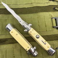 FPSTACTICAL Argent Curved Kris Blade Italian Style Stiletto Switchblade Mirror / Chrome with White Ivory / Pearlex Scales 4"
