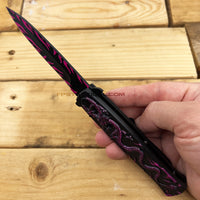 Falcon Black and Pink Dragon Fire Spring Assisted Stiletto Knife with Textured Dragon & Scales 4"