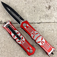 Falcon 3D Molded Punisher Skull Spring Assist Stiletto Knife Black & Red Exposed Stainless Steel 3.5"
