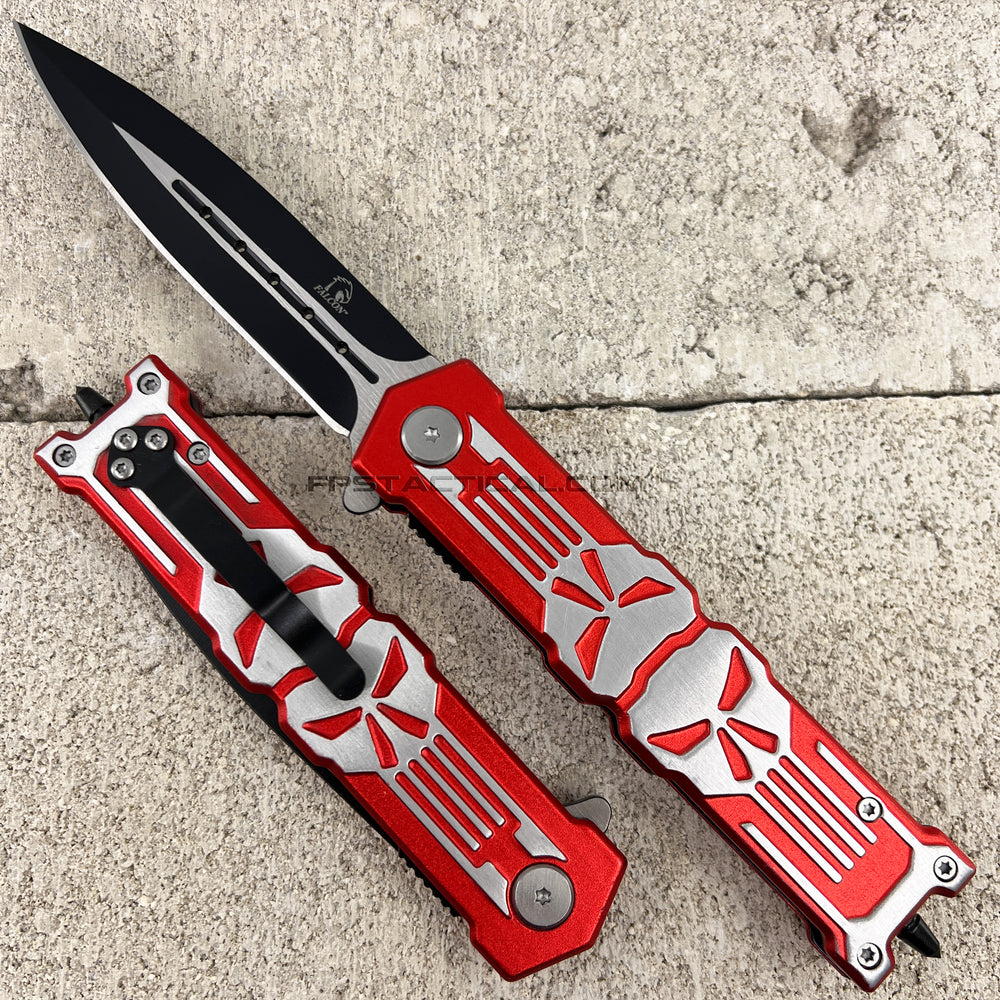 Falcon 3D Molded Punisher Skull Spring Assist Stiletto Knife Black & Red Exposed Stainless Steel 3.5