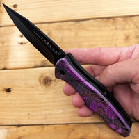 Pacific Solutions Purple Snowblind Wooded Camouflage Black Spring Assisted Hunters Knife 3"
