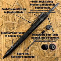 FPSTACTICAL Kuboton Compact OTF Tactical Pen Knife Black with Dual Edge Blade 1.75"
