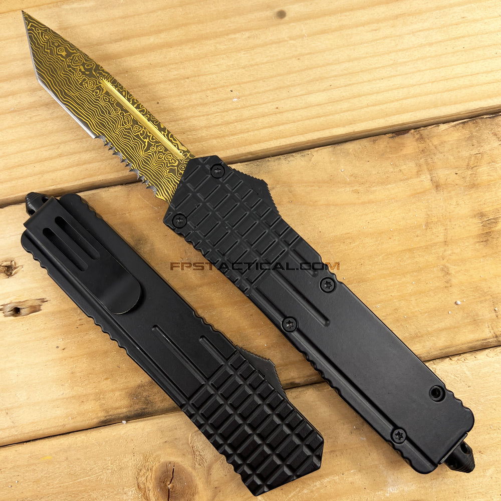 FPSTACTICAL Aurum OTF Knife Black & Gold w Damascus Tanto Blade and Textured Handle 3.5