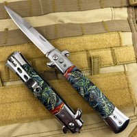 FPSTACTICAL Reaper Italian Style Stiletto Switchblade Mirror Polish / Chrome & Grim Reaper 3D Molded Scales 4"
