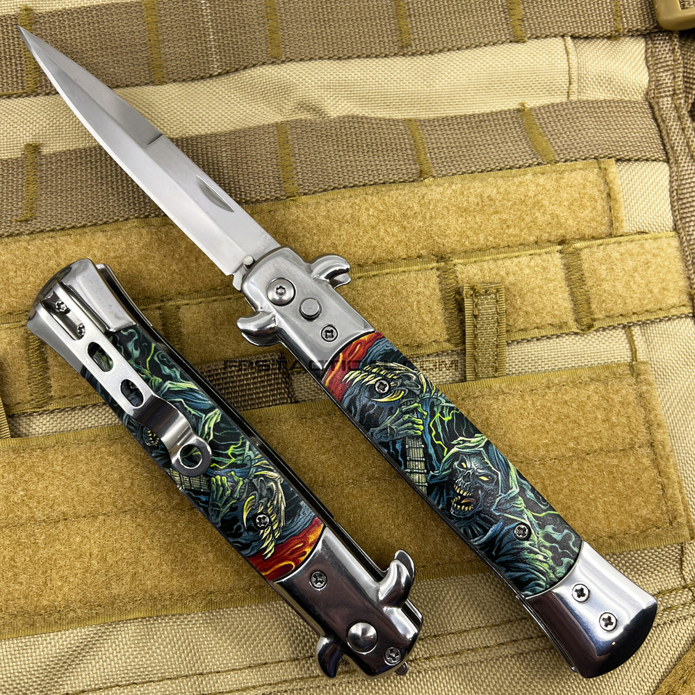 FPSTACTICAL Reaper Italian Style Stiletto Switchblade Mirror Polish / Chrome & Grim Reaper 3D Molded Scales 4