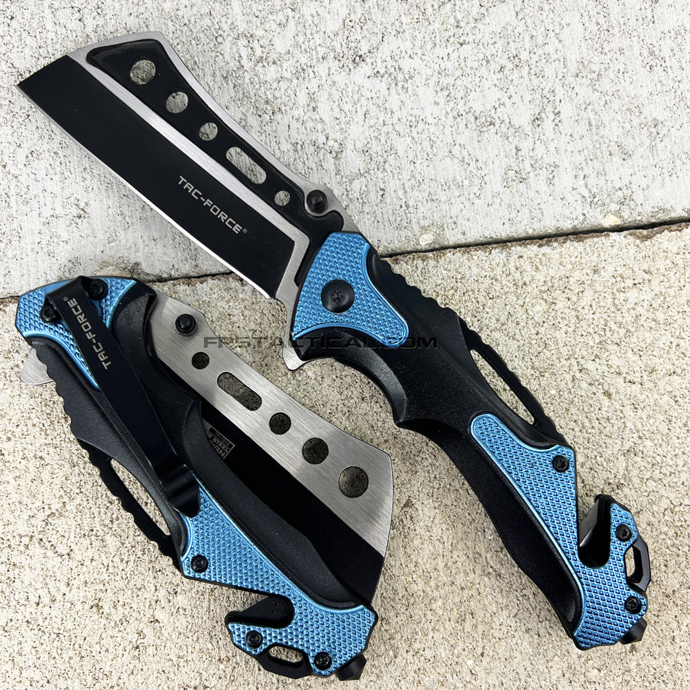 Tac-Force Black & Blue Cleaver Spring Assisted Tactical Rescue Pocket Knife 3.5