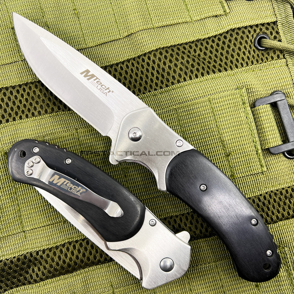 MTech USA Spring Assisted Pocket Knife Silver with Black Wood Scales 3.75