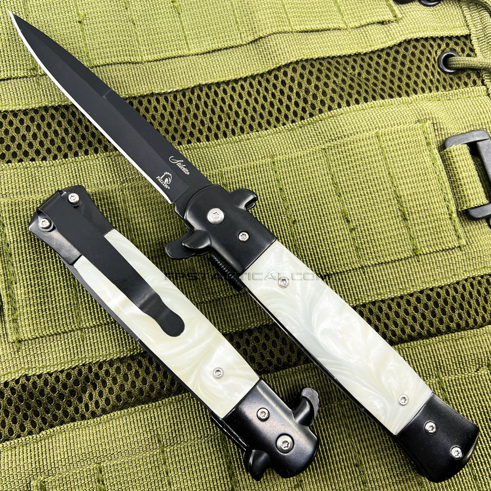Falcon Matte Black Spring Assisted Stiletto Knife with White Pearlex / Marble Scales 3.75