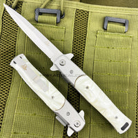 Falcon Silver and White Pearlex Spring Assisted Stiletto Knife 3.75"
