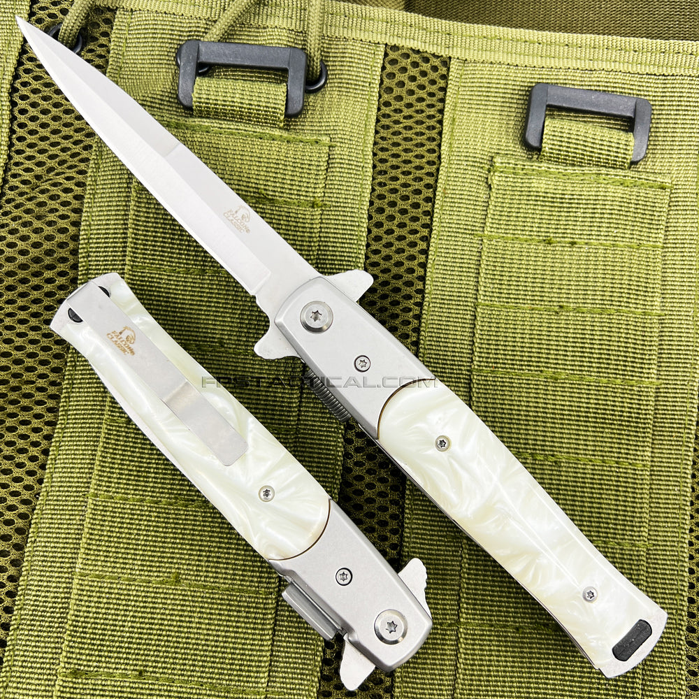 Falcon Silver and White Pearlex Spring Assisted Stiletto Knife 3.75