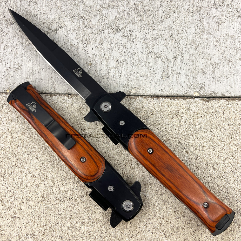 Falcon Classic Black and Cherry Wood Spring Assisted Stiletto Knife 3.75