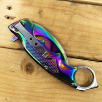 Falcon KS3329RB Mirror Iridescent / Rainbow Multi-Colored Karambit Spring Assisted Tactical Knife 3"

