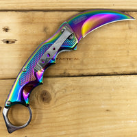Falcon KS3329RB Mirror Iridescent / Rainbow Multi-Colored Karambit Spring Assisted Tactical Knife 3"
