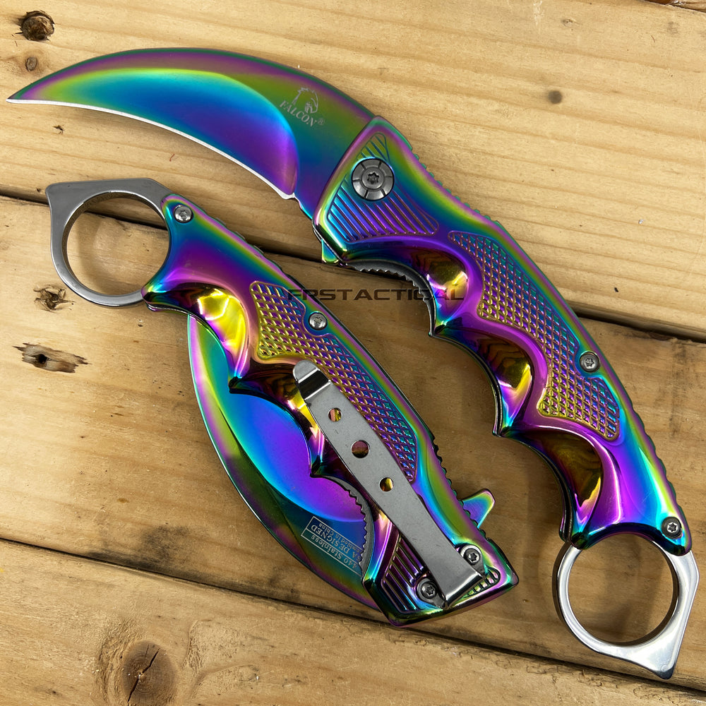 Falcon KS3329RB Mirror Iridescent / Rainbow Multi-Colored Karambit Spring Assisted Tactical Knife 3