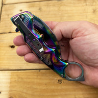 Falcon KS3329RB Mirror Iridescent / Rainbow Multi-Colored Karambit Spring Assisted Tactical Knife 3"
