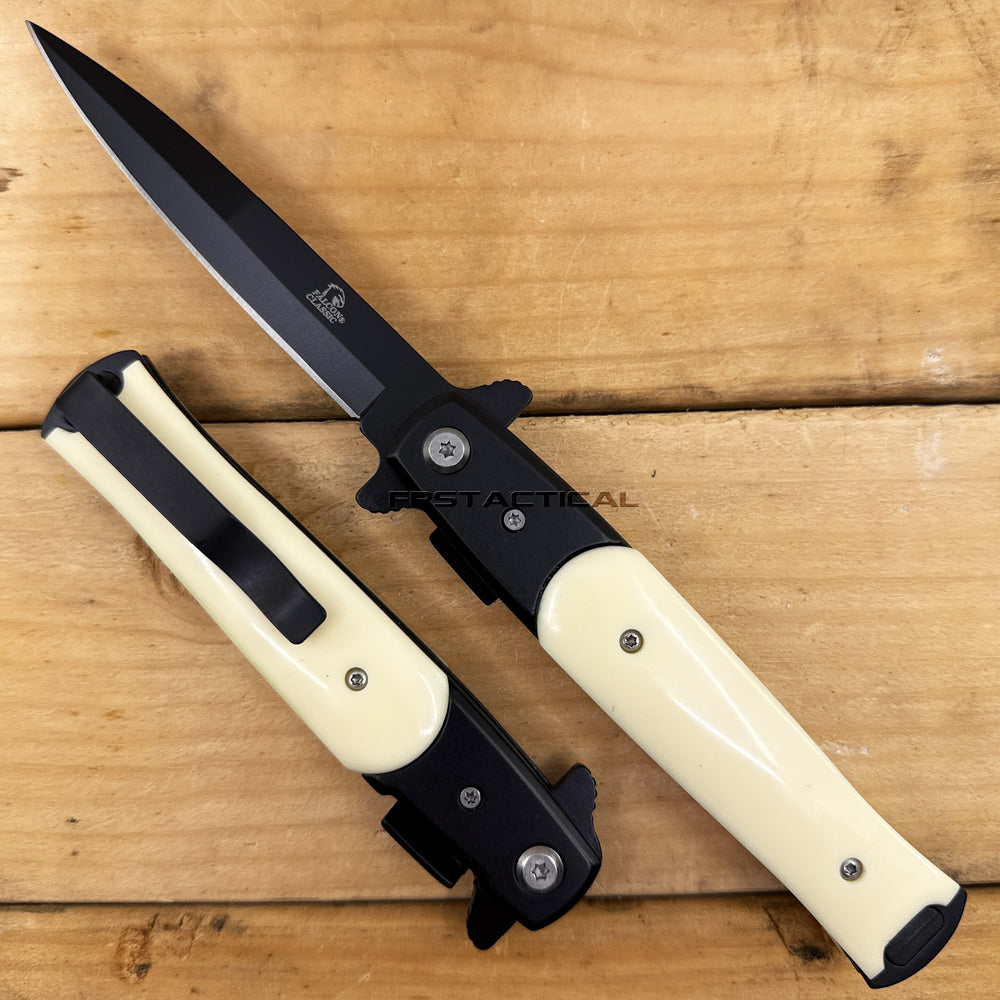 Falcon Black Spring Assisted Stiletto Knife with Faux Ivory Off-White Scales 3.75