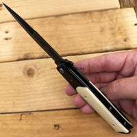 Falcon Black Spring Assisted Stiletto Knife with Faux Ivory Off-White Scales 3.75"
