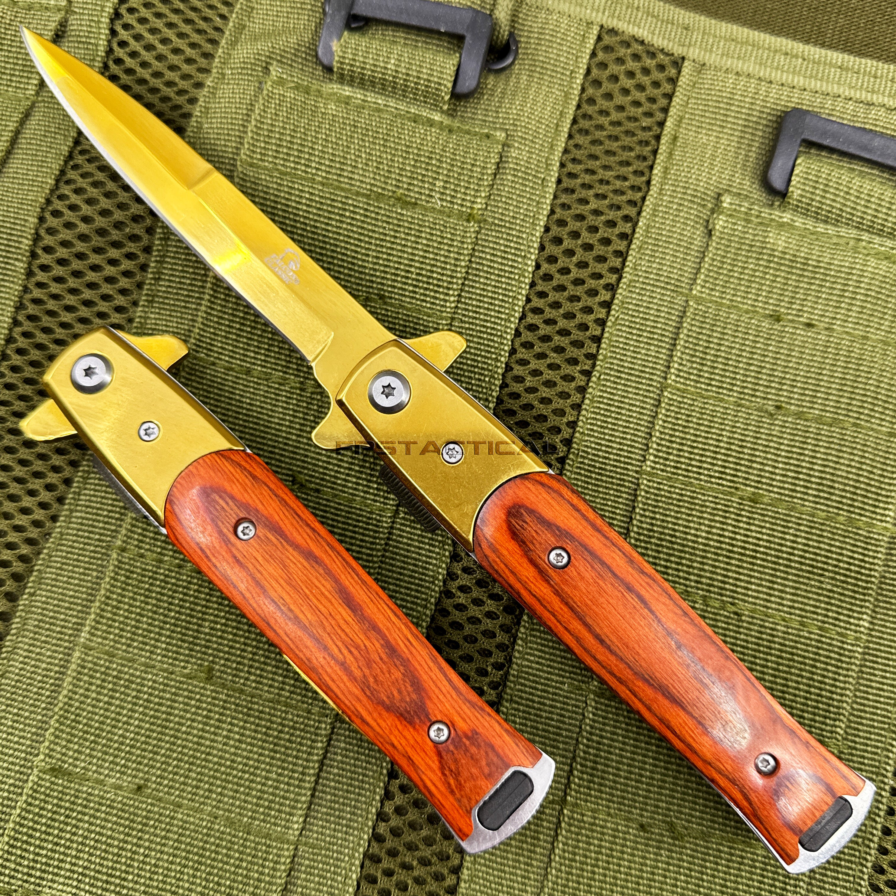 Straight Premium GILDED EDGE MODEL 10こ Falcon Classic Gold and Cherry Wood Spring Assisted Stiletto Knife