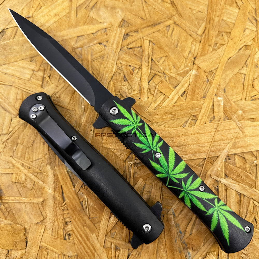 Pacific Solutions Cannabis Spring Assisted Stiletto Knife Black w Marijuana Leaf Scales 4