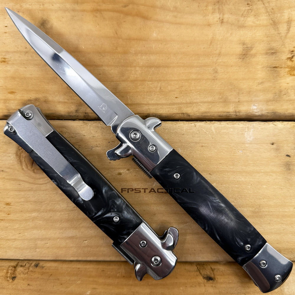 Falcon KS6008CBA Classic Mirror / Chrome and Gray Marble / Pearlex Spring Assisted Stiletto Knife 4
