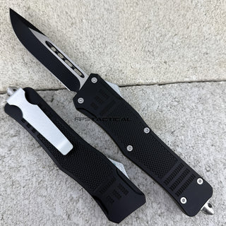 FPSTACTICAL Neart Drop Point OTF Knife Two Tone Black & Silver with Rubberized Handle 3.75