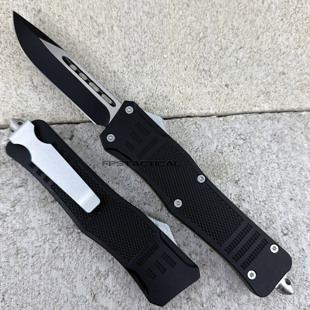 FPSTACTICAL Neart Drop Point OTF Knife Two Tone Black & Silver with Rubberized Handle 3.75