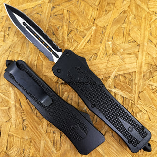 FPSTACTICAL Pitch Dual Edge Spear Tip OTF Knife Black & Silver Two Tone w Partial Serrated Blade and Diamond Texture Aluminum Handle 3.75