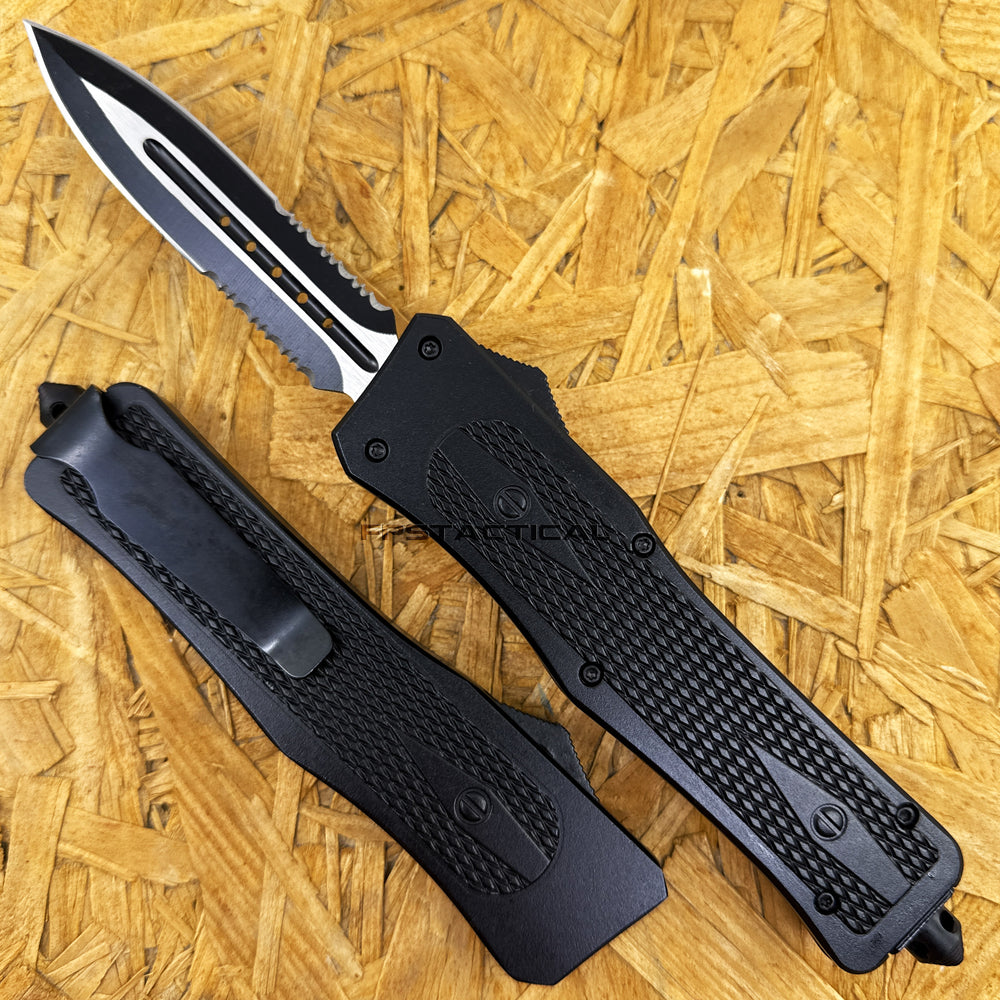 FPSTACTICAL Pitch Dual Edge Spear Tip OTF Knife Black & Silver Two Tone w Partial Serrated Blade and Diamond Texture Aluminum Handle 3.75