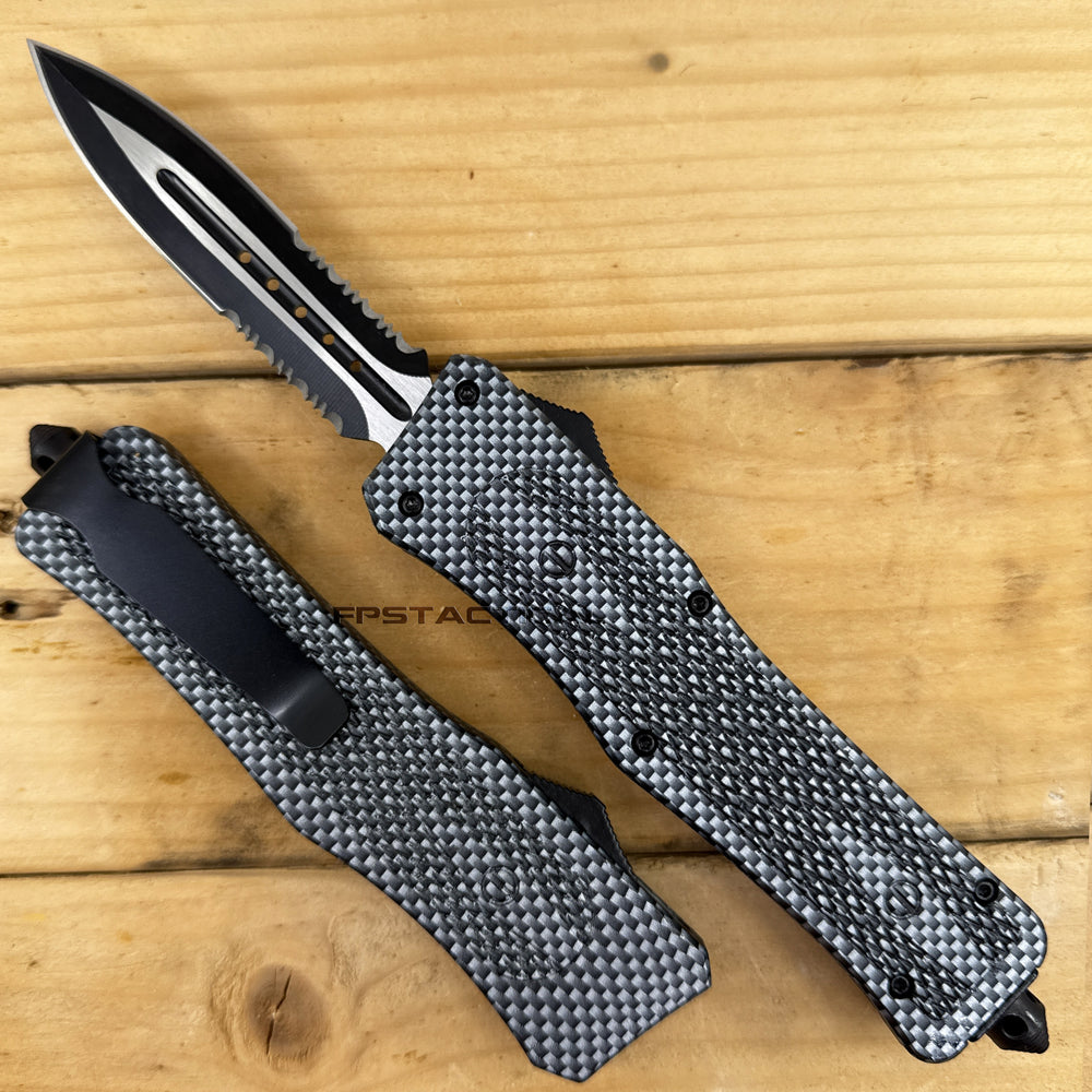 FPSTACTICAL Snaithin Dual Edge Spear Tip OTF Knife Black & Silver Two Tone w Partial Serrated Blade and Carbon Fiber Diamond Texture Aluminum Handle 3.75