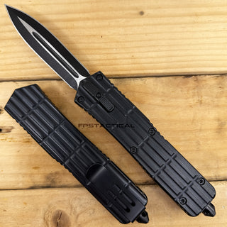 FPSTACTICAL Periphery II Black and Silver Dual Edge OTF Knife with Symmetric Textured Handle 3.5