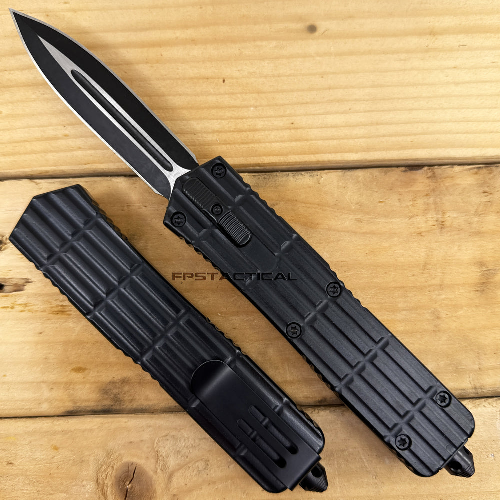 FPSTACTICAL Periphery II Black and Silver Dual Edge OTF Knife with Symmetric Textured Handle 3.5