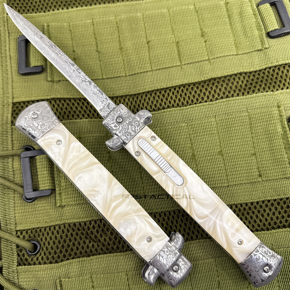 FPSTACTICAL Eclectic Automatic OTF Switchblade Stiletto Knife White Marble w/ Damascus 5