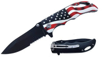 Pacific Solutions Compact Drop Point USA Flag Spring Assisted Knife Black 3" Serrated
