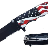 Pacific Solutions Compact Drop Point USA Flag Spring Assisted Knife Black 3" Serrated