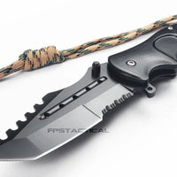 Falcon Elite Matte Black Spring Assisted Survival Knife w Tanto Blade and Paracord 3.75"