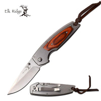 Elk Ridge Brushed Silver Manual Folding Pocket Knife w Redwood Overlay 3.5" ER-933PW