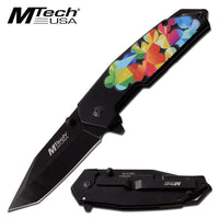 MTech USA Embossed Flower Black and Rainbow Multi-Color Tactical Spring Assisted Knife 4"
